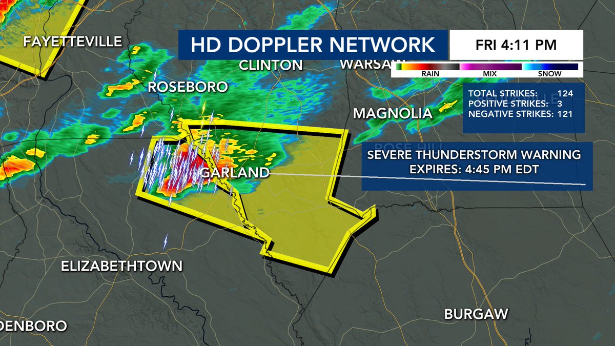 Severe Thunderstorm Warning in effect for parts of Sampson County until 4:45 PM. This storm has the potential to produce ping pong ball sized hail as it moves to the east at 35 mph. Stay safe!! #ncwx @wralweather