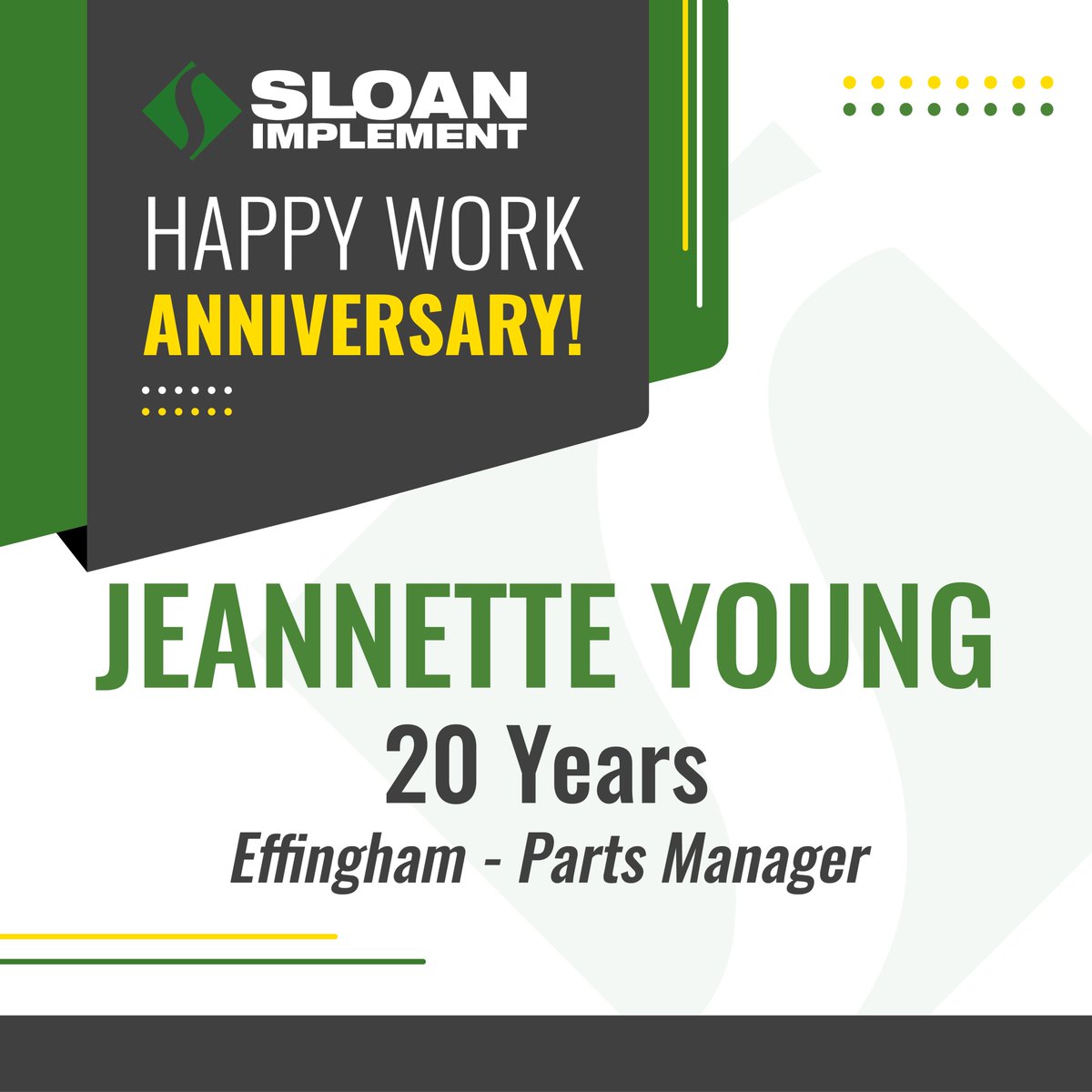Happy Work Anniversary to Jeannette Young! 🎉 Jeannette is the Parts Manager at our Effingham location. We are thankful for the last 20 years and look forward to the years to come! 👏👏 - #johndeerecareer #johndeere #sloans #sloanimplement #agriculture #careerinag