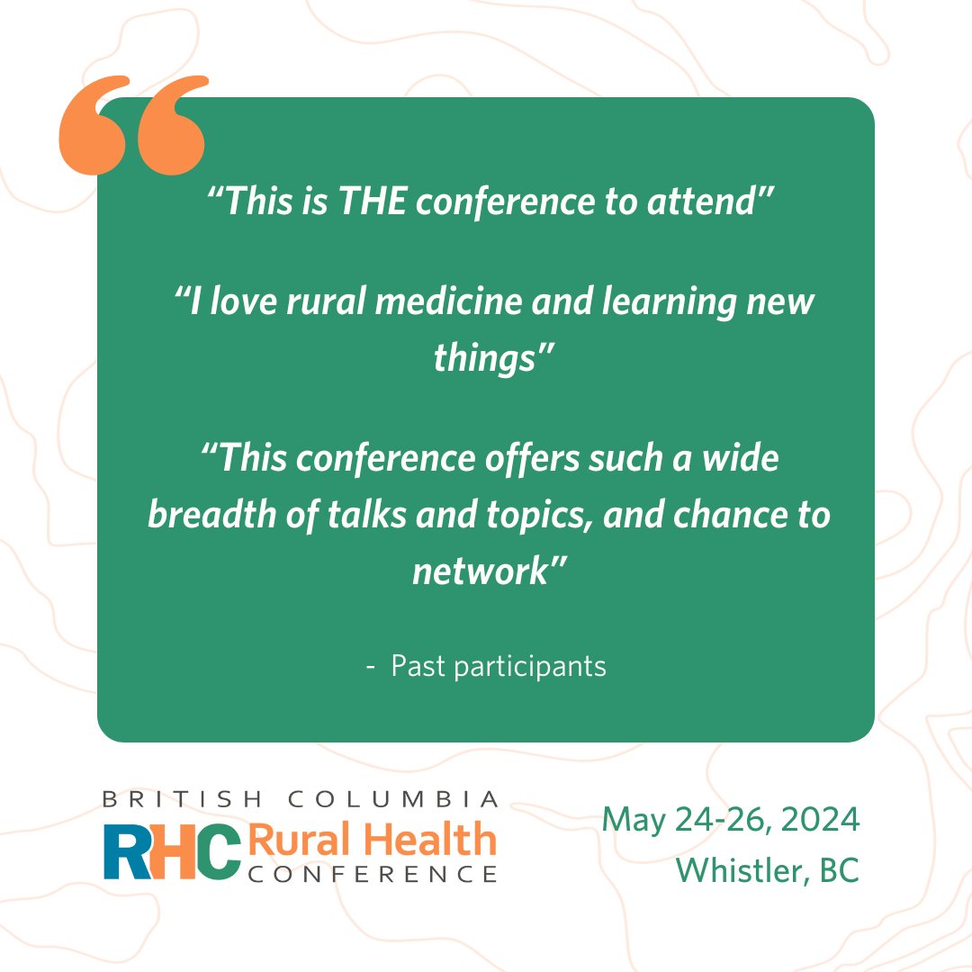 #BCRHC is just 2 weeks away! There's still time to sign up, online registration closes midnight Thurs May 16. Join hundreds of rural healthcare providers and embrace the excitement, learning and camaraderie that makes this event so exceptional!

Register: ubccpd.ca/learn/learning…