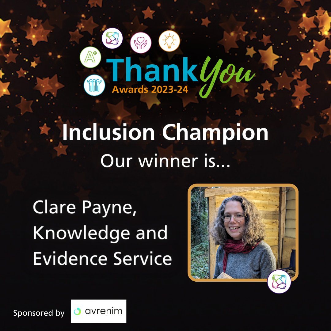 🤝 Our Inclusion Champion Award winner is... Clare Payne, Knowledge and Evidence Service! Their dedication to ensuring all voices are heard and valued makes them an invaluable asset to our Trust. #ThankYouWHH
