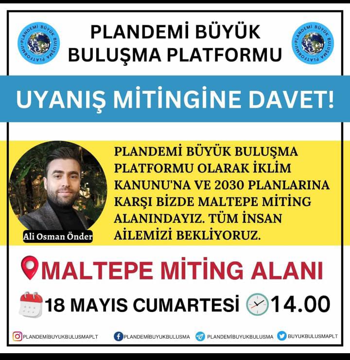 18 MAYIS 2024 CUMARTESİ GÜNÜ İklim Kanunu ve 2030 Planlarına karşı İstanbul Maltepe Miting alanında olacağız. Bu miting senin için, sizin için, bizim için, çocuklar için, vatanımız için. Yapılana destek olalım. O gün miting alanında hep birlikte haykıralım. #İklimOyunları