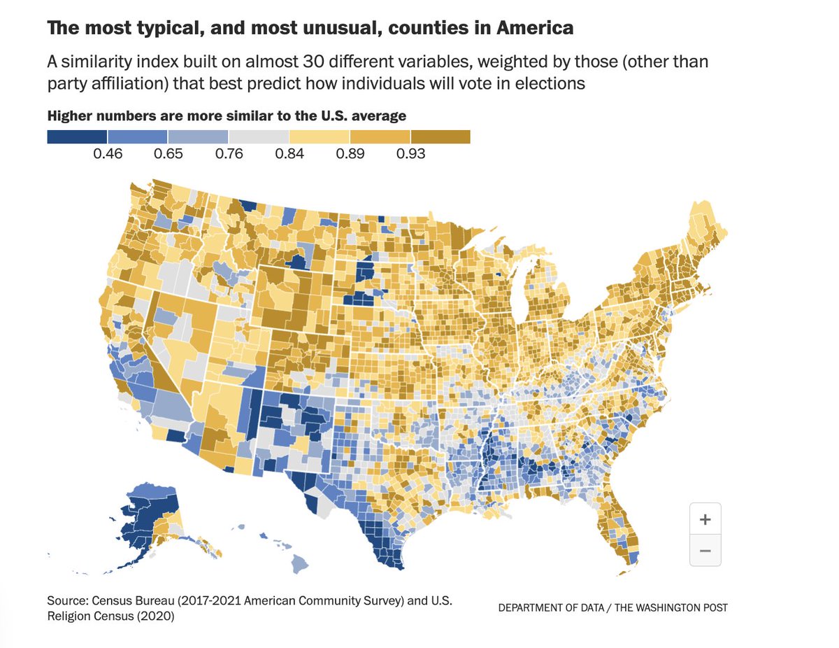 This is from another great data analysis column by @andrewvandam [Spoiler alert: He also looks at what counties are closest to the overall U.S. averages. Alaska, Hawaii and much of the South are more unusual...] washingtonpost.com/business/2024/…