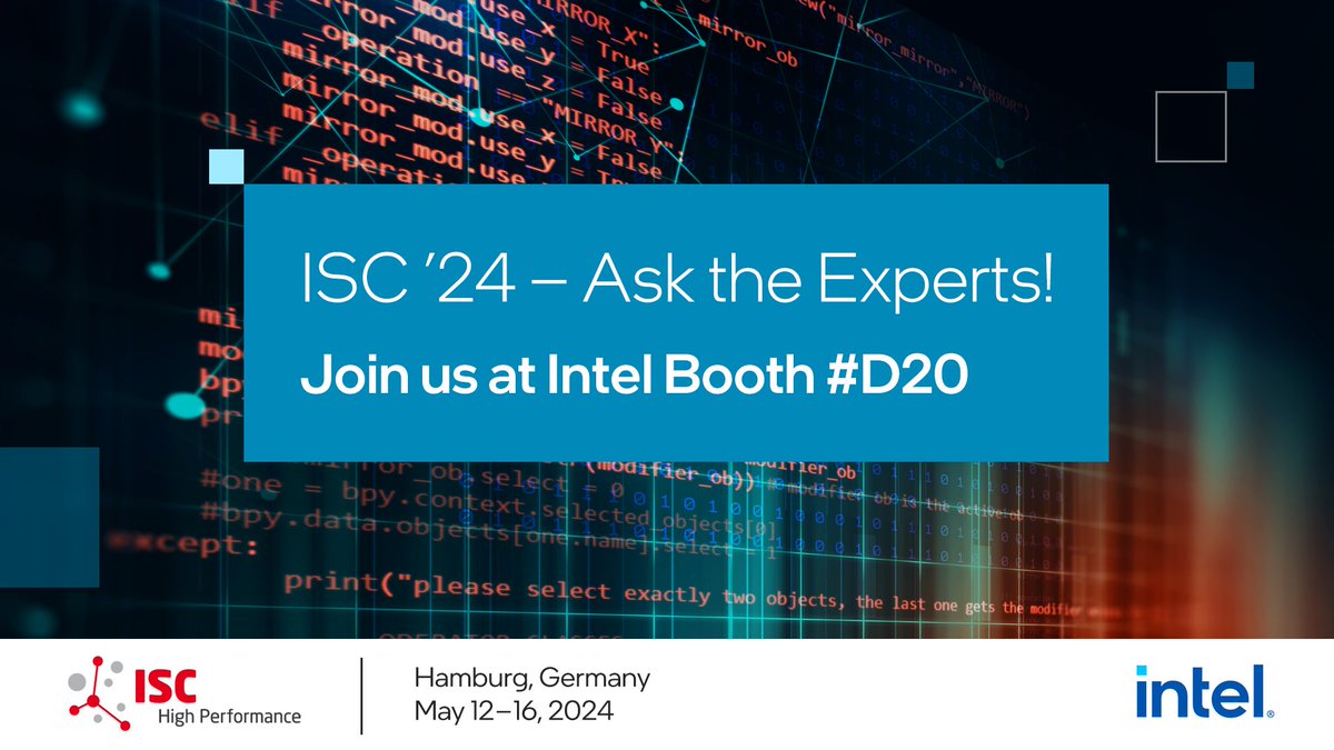 Meet the experts at #ISC24! Learn how Intel technology is helping teams deploy and accelerate the most demanding workloads in #HPC and #AI from Intel's experts and developers across various industries. intel.ly/3UORZ3u