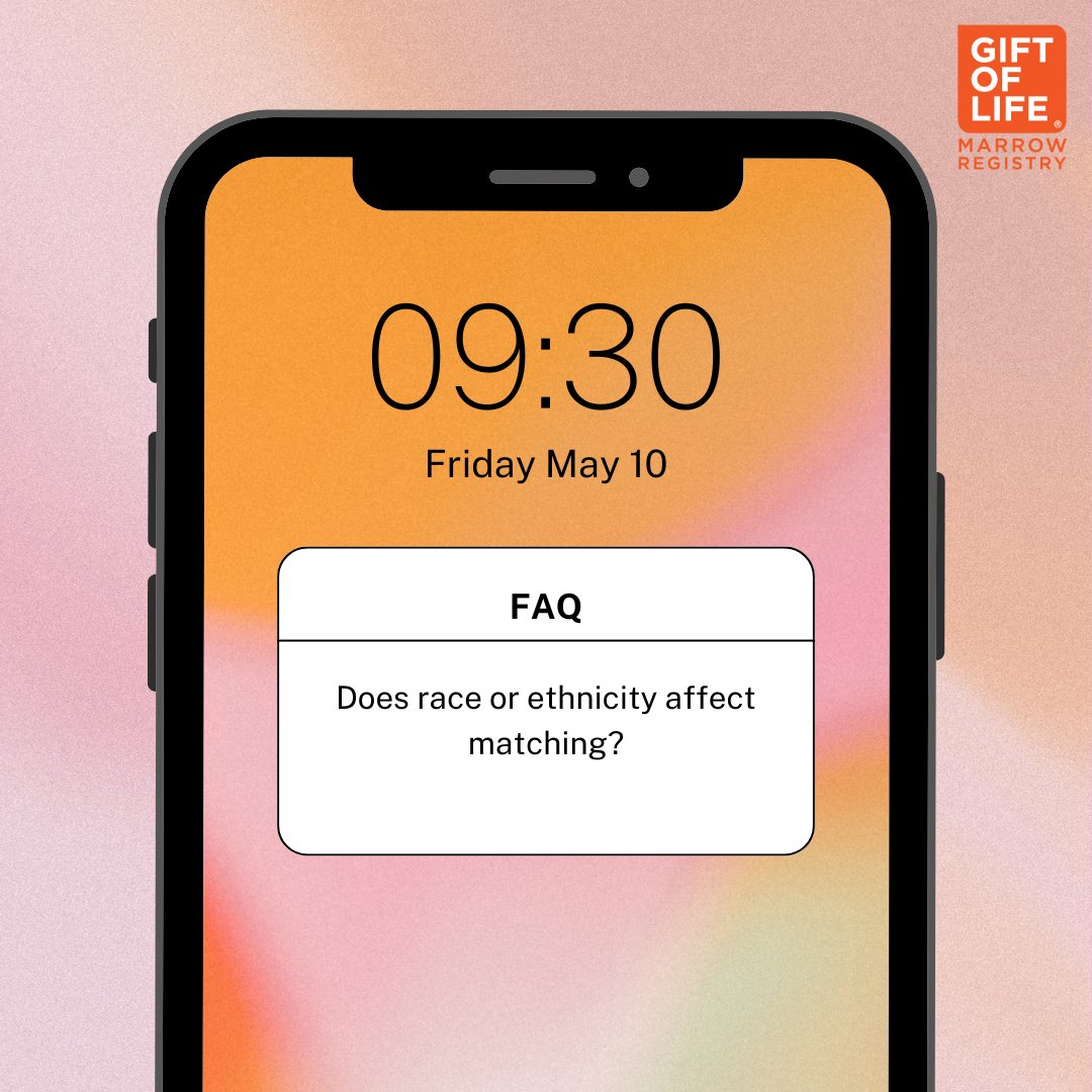 A: Yes race and ethnicity do affect matching.

The factors used to match donors with patients are inherited.

This means the best chance of finding a match is between two people who share ethnicity or genetic heritage.🧑🏻‍🤝‍👩🏻#CureBloodCancer #Swab2Save #GOLhero #LifeSaver