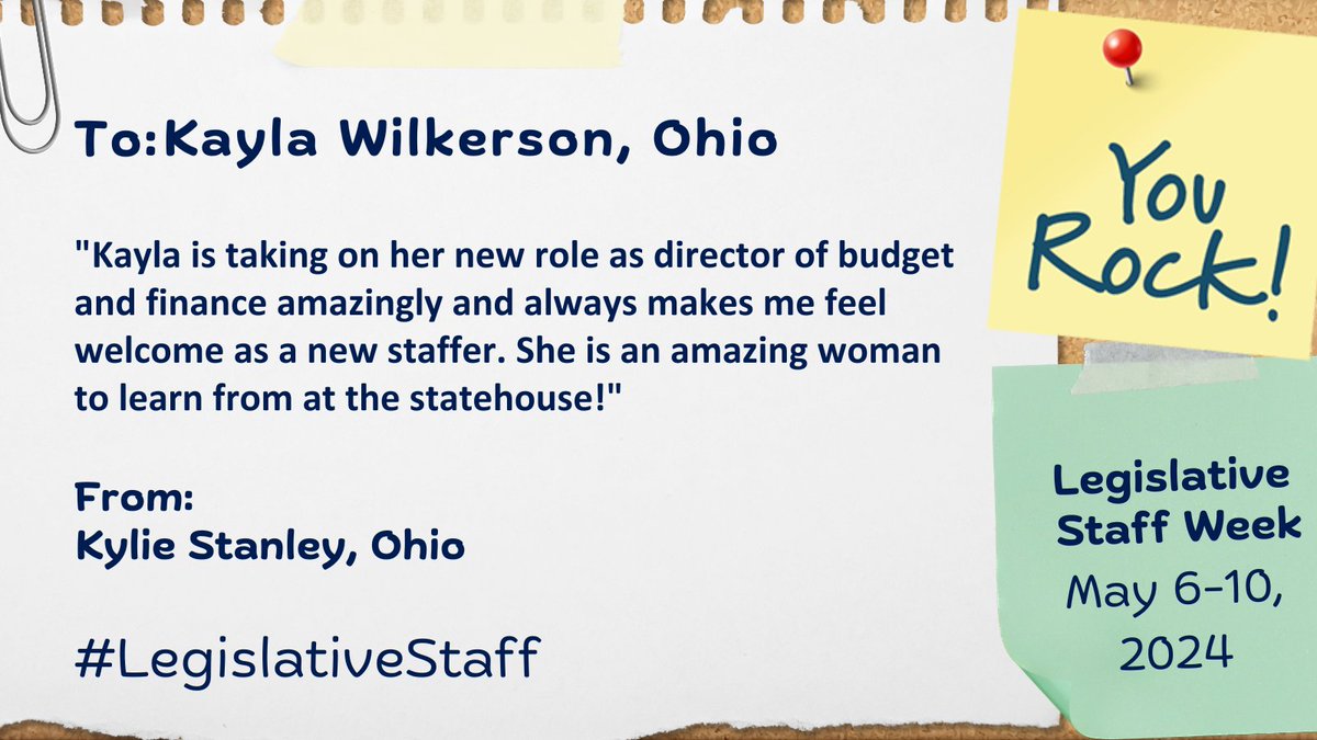 As part of NCSL's #LegislativeStaff Week, we are selecting a few 'shoutouts' to spotlight each day. Here's a shoutout for Kayla Wilkerson in the Ohio General Assembly! Have someone in mind for a 'shoutout'? Today is the last day to submit ➡️ bit.ly/3wf0r2K #OHleg