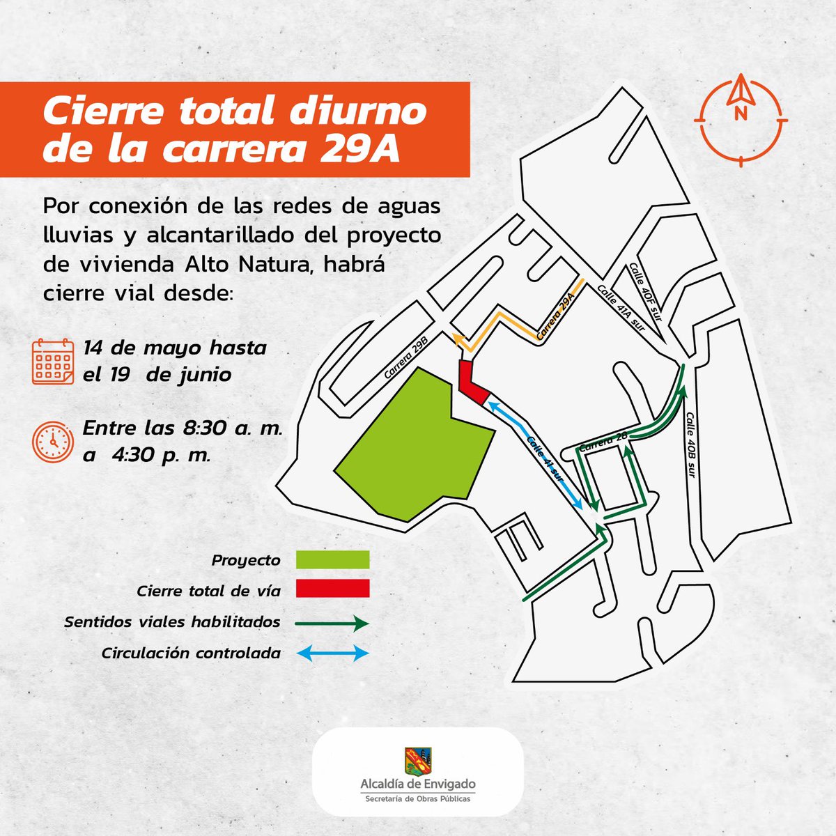 ¡Atención! 

Hasta el 19 de junio, habrá cierre vial diurno en la carrera 29A en  barrio San Rafael

El cierre será entre las 8:30 a. m. y las 4:30 p. m. para avanzar en las obras de conexión de las redes del Proyecto VIS Alto Natura
 
Más información: envigado.gov.co/obras-publicas…
