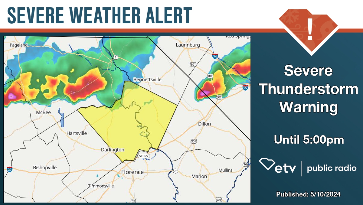 Severe Thunderstorm Warning for Darlington and Marlboro County until 5:00pm. Details at bit.ly/427ZNyo #SCWX