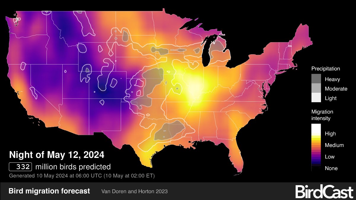 About 250-350 million birds are predicted to migrate across the U.S. each night this weekend! Lights at night can be very disorienting to birds during their long spring migration. To help prevent deadly bird collisions, turn off or dim unnecessary lights! Graphic: BirdCast