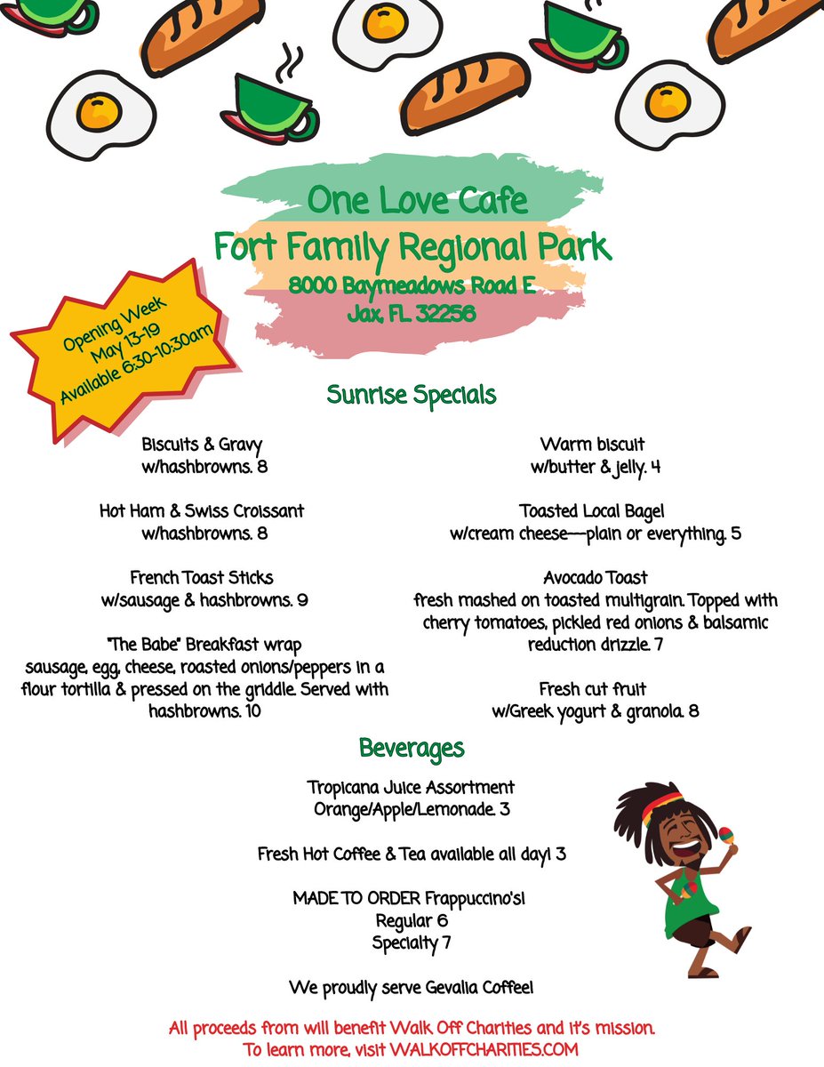 Need breakfast plans for next week??? .🥐🥯🍩🧇Come visit us for the Grand Opening of One Love Cafe ❤️💚 at Fort Family Regional Park! We will be open Monday-Friday from 6:30am-10:30am. Can't wait to see you there!