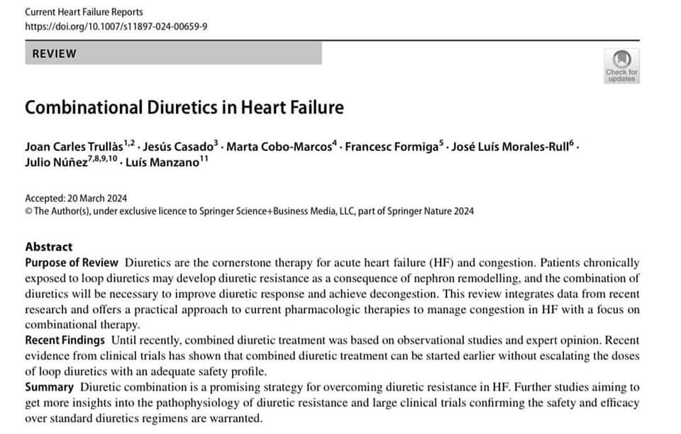 🔴 Combinational Diuretics in Heart Failure #2024Review 

link.springer.com/article/10.100…
#Epeeps #CardioTwitter #EHRA2024
 #CardioEd #Cardiology #FOAMed #meded #MedEd #Cardiology #CardioTwitter #cardiotwitter #cardiotwiteros #CardioEd #MedTwitter #MedX #cardiovascular #medtwitter