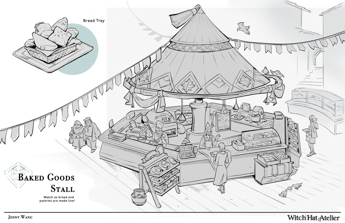 Witch Hat Atelier theme park (2/6) Kiosk design! This is a bakery stall where you can walk around and watch as baked goods are made🍞🥖 For the destroyed kiosk, I imagined a scene where Iguin is running off with some bread he stole and the main characters come in to help :D