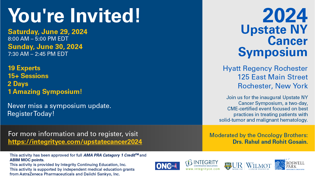 📢 #OncTwitter - Don't miss the 2024 Upstate NY Cancer Symposium! 💬 The latest in breast, lung, GU, & GI cancers + more! 📅 June 29-30 📍 Rochester, NY 🗣️ Moderated by @OncBrothers ✍️ Register: bit.ly/3STkkUc @RoswellPark @WilmotCancer #MedEd #FOAMed #UpstateCancer
