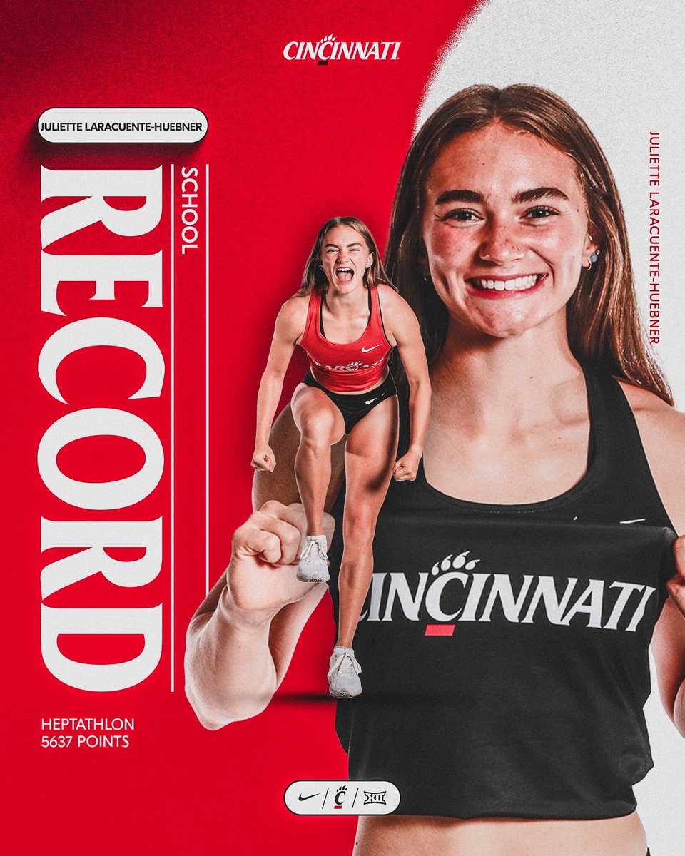GoBearcatsTFXC's tweet image. SCHOOL RECORD‼️

Juliette Laracuente-Huebner breaks the school record in the women’s heptathlon with a score of 5,637 points!!! 

#Bearcats | @big12conference