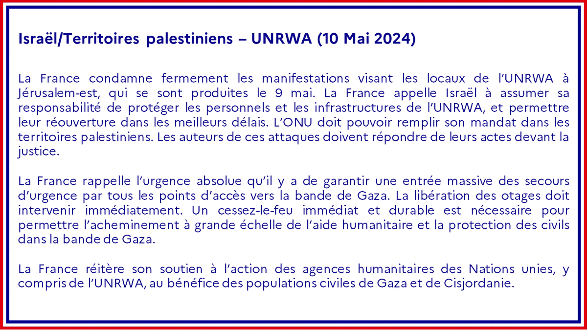 #Israël #Territoirespalestiniens | La France condamne fermement les manifestations visant les locaux de l’@UNRWA à Jérusalem-est, qui se sont produites le 9 mai. @steph_sejourne @FranceJerusalem @franceenisrael @UNRWA Déclaration ➡️ fdip.fr/Ymkib3Ie