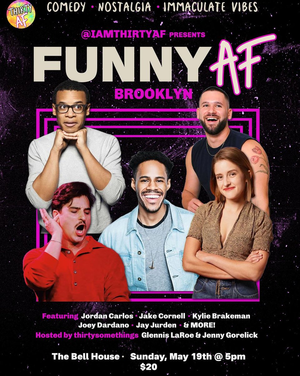 SUN 5/19: FUNNY AF BROOKLYN Hosted by <a href="/theglennisshow/">glennis ❤️‍🔥</a> &amp; <a href="/JennyGorelick/">Jenny</a>!

@IamThirtyAF's live show for millennials with comedy &amp; segments to scratch your nostalgia itch! Featuring <a href="/JayJurden/">Jay Jurden</a> <a href="/JakeWCornell/">Jake Cornell</a> <a href="/deadeyebrakeman/">Kylie Brakeman</a> <a href="/JoeyDardano/">Pudgy Gumby</a> &amp; <a href="/jordancarlos/">Jordan Carlos</a>!

🎟️: tinyurl.com/33uv3u4t