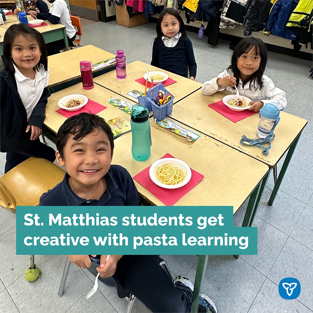 Exciting news from Ms. Orietta Miranda’s grade 1-2 class at St. Matthias Catholic School, @TCDSB ! 📚 Students are hungry for knowledge with a delicious math and reading lesson using pasta, aligning perfectly with this year's Education Week theme: Back to Basics in Education.