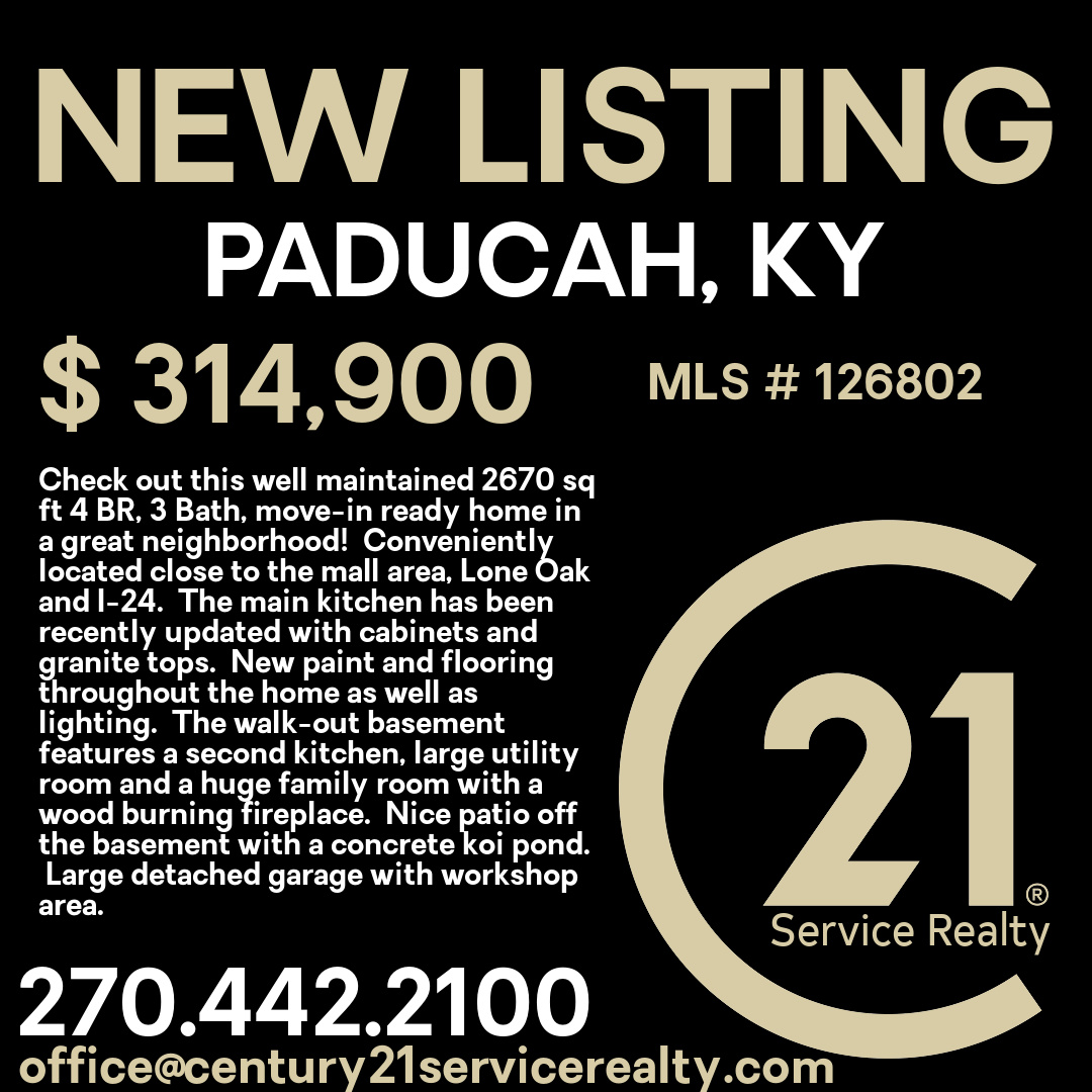 NEW LISTING

#realtor #realestate #paducahrealestate #westkentuckyrealestate #lakesrealestate #4riversrealestate #bentonrealestate #murrayrealestate #mayfieldrealestate #kentuckylake #barkleylake #century21 #Century21servicerealty #communityfirst #C21 #C21Service