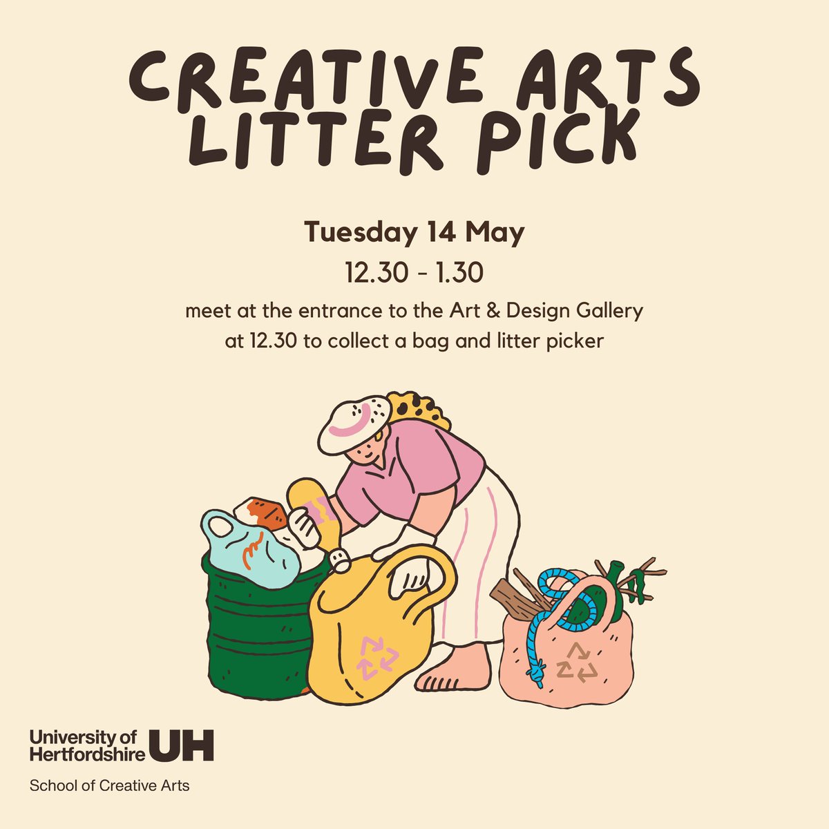 🚮 Join your @uhcreatives #GreenTeam for a litter pick to help keep our local area tidy and wildlife friendly. Open to all @UniofHerts staff and students 🙌 🗓️ Tuesday 14 May 🕧 12:30-13:30 📍 Art & Design Gallery entrance, College Lane Campus