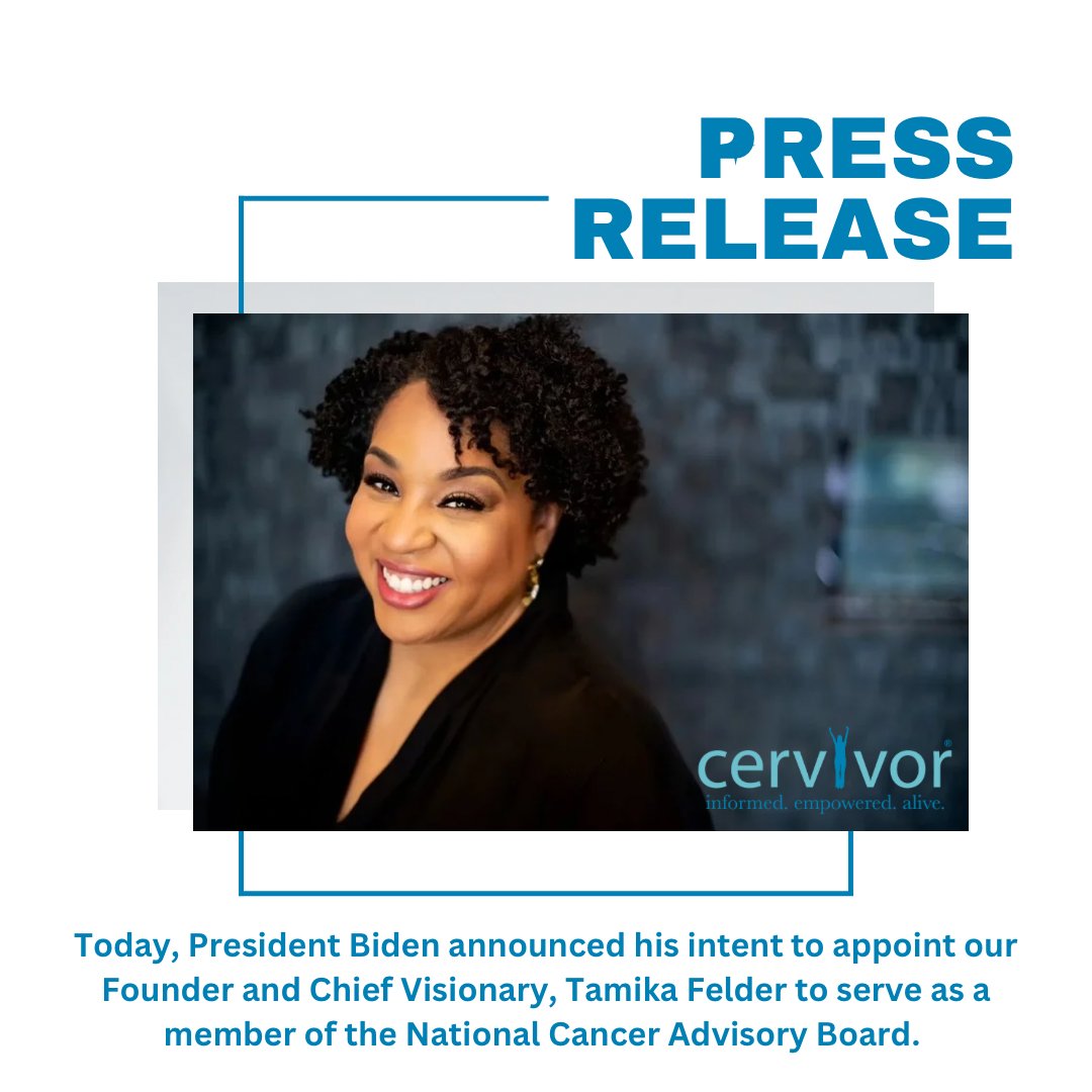 Today President @JoeBiden announced his intent to appoint @tamikafelder (our founder), to the National Cancer Advisory Board! 🌟 Congratulations, Tamika! 🙌 #Cervivor #NationalCancerAdvisoryBoard 🔗 See the official press release here: bit.ly/3y9mkRs