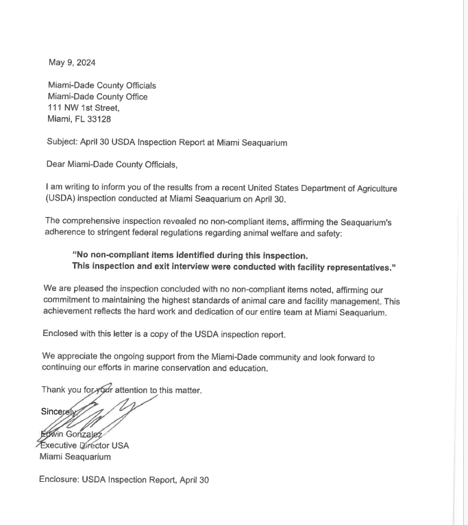 Miami Seaquarium tells Miami-Dade its latest USDA inspection went well. Miami-Dade is using past USDA inspections as partial grounds for ongoing eviction effort of the Miami theme park on its leased county grounds.