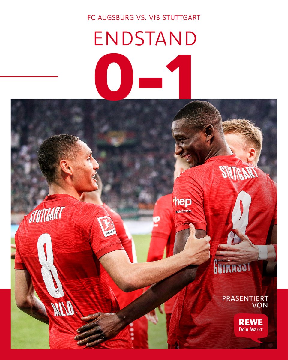 Auswärtssieg! 🤍❤️ Ein überlegener VfB gewinnt beim FC Augsburg dank des Tores von Serhou #Guirassy (48.) und einer abgeklärten Leistung verdient mit 1:0, knackt die 7⃣0⃣-Punkte-Marke und hat Platz 3⃣ sicher! 💪💪 #VfB | #FCAVfB 0:1 | [Anzeige]