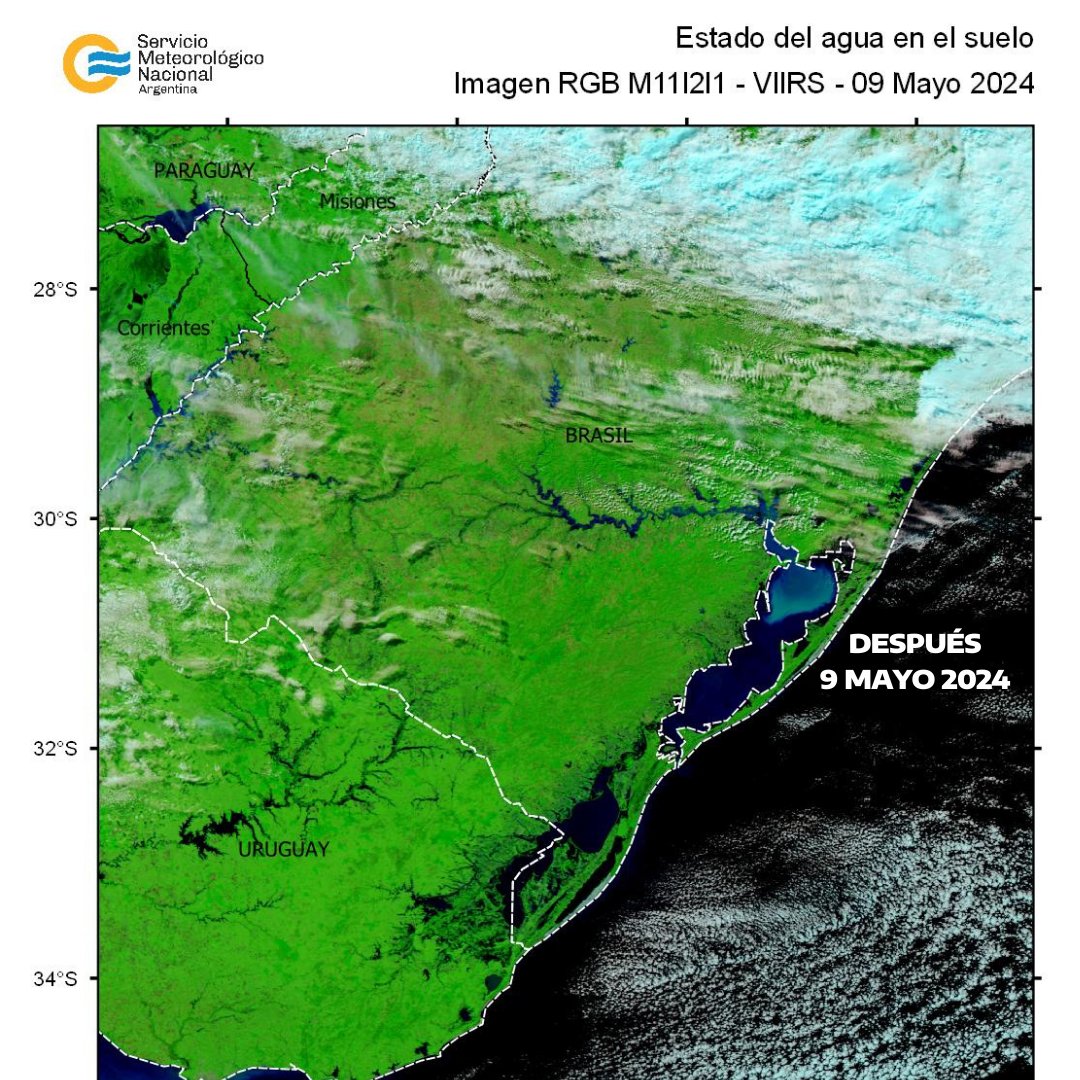 Las imágenes satelitales evidencian el devastador impacto de las inundaciones en Brasil y Uruguay. En el Estado de Rio Grande do Sul, las precipitaciones superaron los 500 mm en menos de 7 días y continúa lloviendo.
