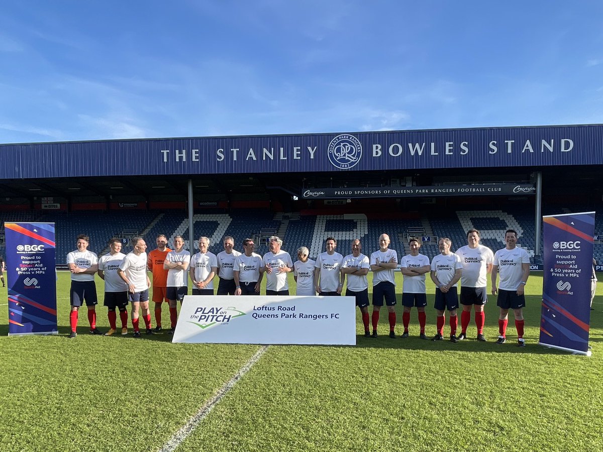 Well that was fun… fantastic fun with friends at @QPR playing for @TeamSportsAid charity v the press for the Parliamentary All Stars.. @AndyBurnhamGM @SadiqKhan @edballs @DMiliband @MetroMayorSteve @justinmadders @HuwMerriman @BBradley_Mans with our sponsors @polcurrency