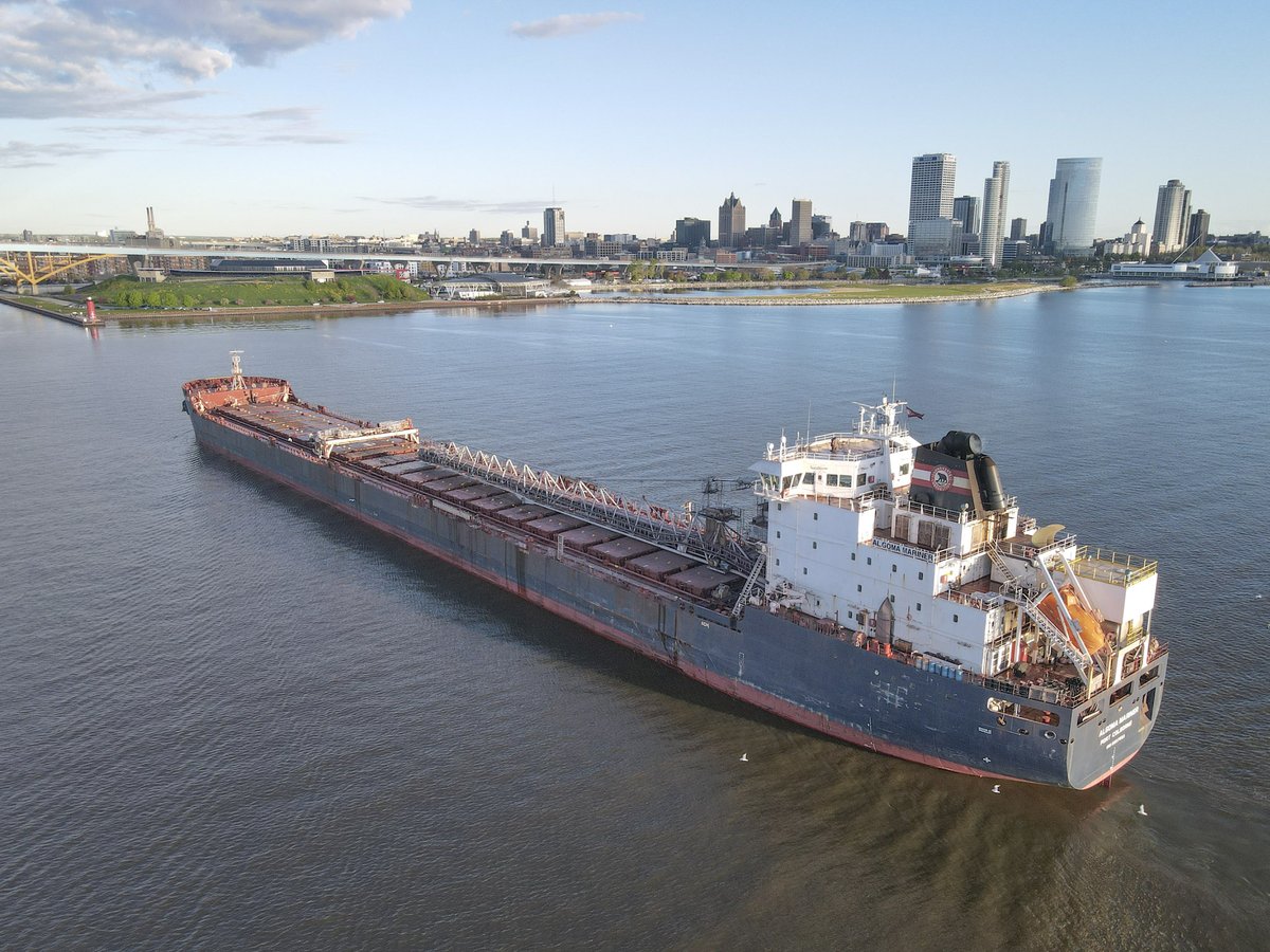 Happy #FreighterFriday from Port Milwaukee! 🚢 The @AlgomaCentral vessel, Algoma Mariner, is kicking its weekend off in our city!🥳 Fun fact: The Mariner is 740 feet long and flies the Canadian flag.