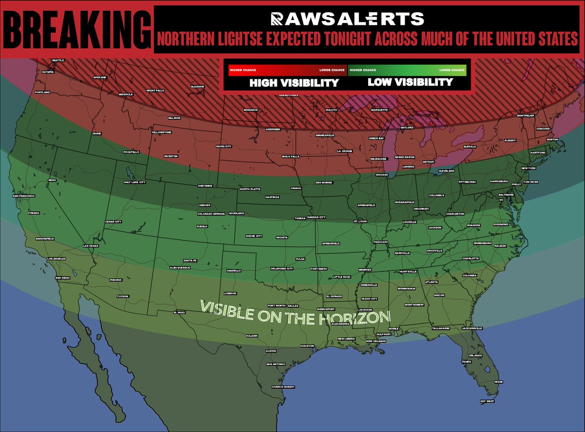 🚨#BREAKING: Much of the Northern United States has a chance to See Northern Lights as Level G4 Severe geomagnetic hits in nearly two decades 📌#UnitedStates | #USA A series of powerful severe geomagnetic storms are expected to hit Earth tonight into Saturday, affecting much of