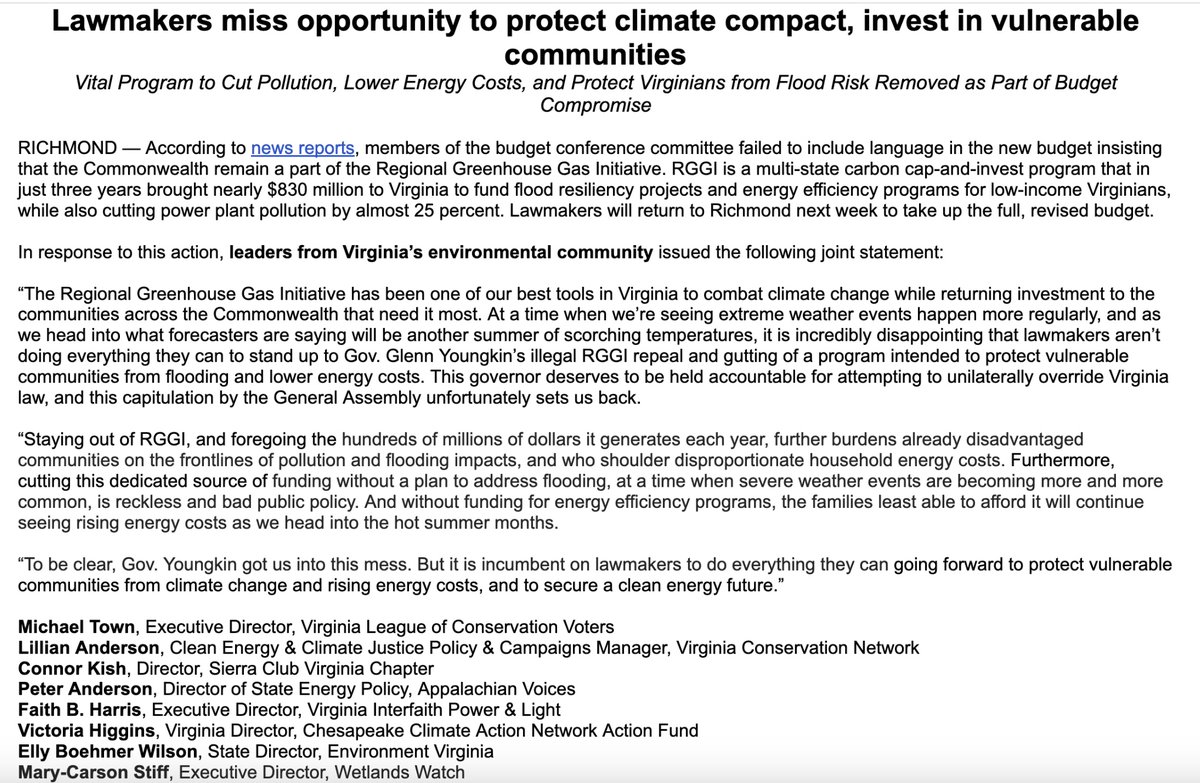 Virginia's environmental leaders, jointly, on the General Assembly's failure on RGGI ➡️➡️➡️

'This governor deserves to be held accountable for attempting to unilaterally override Virginia law, and this capitulation by the General Assembly unfortunately sets us back.'