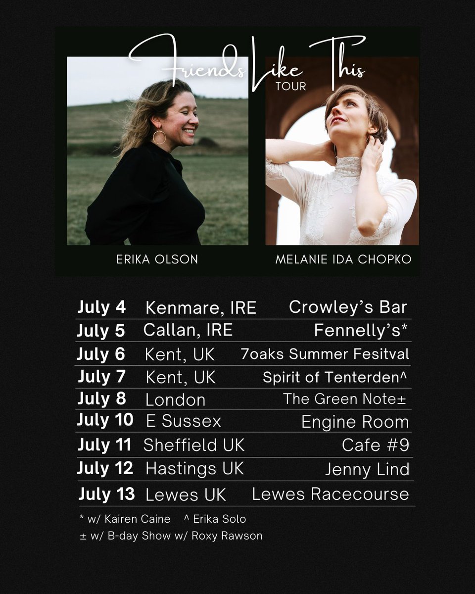 ErikaOlsonMusic's tweet photo. 📣SURPRISE!!  Happy Friday Everyone!!!

I've been busting at the seams to share this awesome news!!!  I’m heading out on tour with the incredibly talented @melanieidachopko.  Grab your seats now! xoxo

#FriendsLikeThisTour
#LiveMusic #Concert https://t.co/HvXA1xvljt