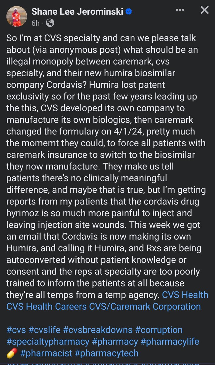 According to this anonymous post: CVS starts making its own Humira, forces a switch, and now patients report the CVS Humira leaves injection site wounds. Vertical integration. Synergy. Omnilane. Economies of scale. #TwitteRx #Pharmacy