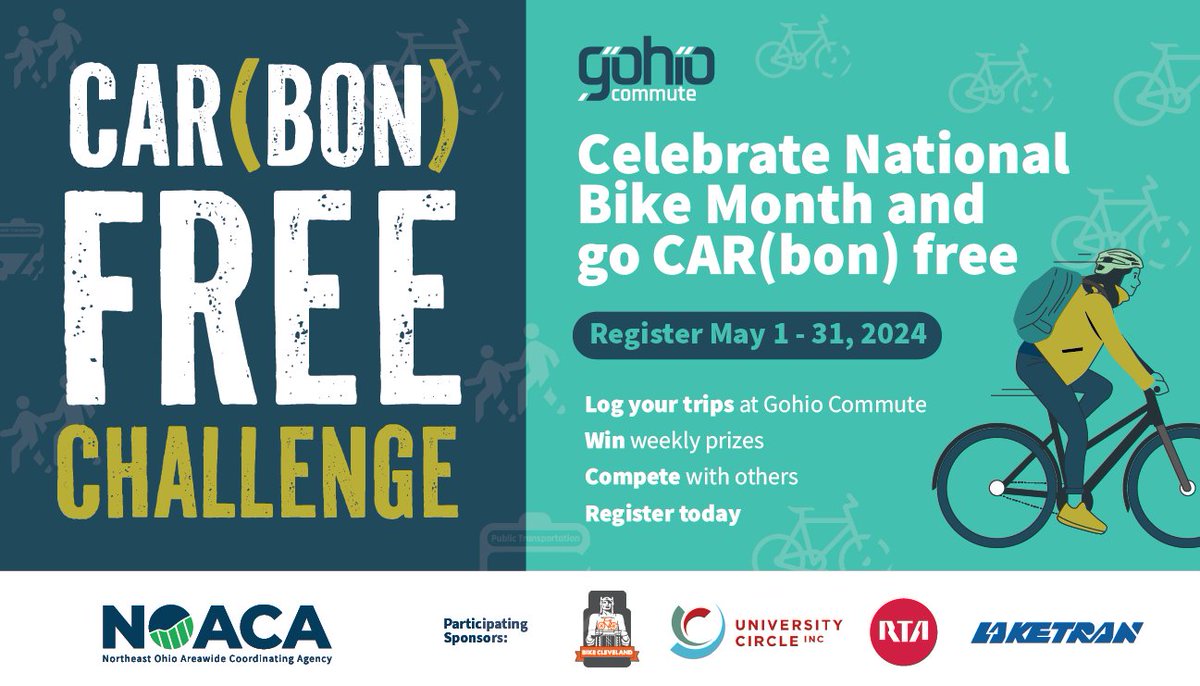 Happy National Bike to Work Week! Log your bicycle trips to work and other destinations at Gohio Commute, and enter to win the CAR(bon) FREE Challenge to win great prizes! Visit noaca.org/regional-plann… learn more!