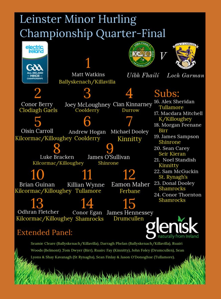 𝙊𝙛𝙛𝙖𝙡𝙮 𝙈𝙞𝙣𝙤𝙧 𝙃𝙪𝙧𝙡𝙞𝙣𝙜 𝙏𝙚𝙖𝙢 𝘼𝙣𝙣𝙤𝙪𝙣𝙘𝙚𝙢𝙚𝙣𝙩 

Enda Mulhare has named his minor hurling team that will play Wexford in the Leinster quarter-final.

<a href="/Offaly_GAA/">Official Offaly GAA</a> 
v
<a href="/OfficialWexGAA/">Wexford GAA</a>
Saturday 11th May
The Faithful Fields 
Throw in 5.30pm

Click here to