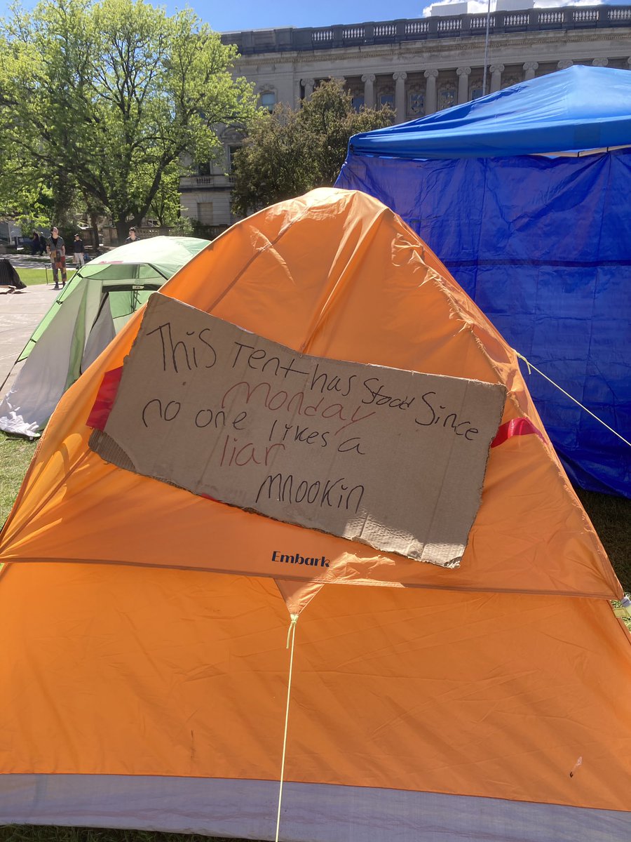 This tent was surrounded by protesters with linked arms on May 1, one of the two that stood standing during and after the police raid. It has been here since the encampment started on April 29. With the end of the encampment today, it too will finally come down.