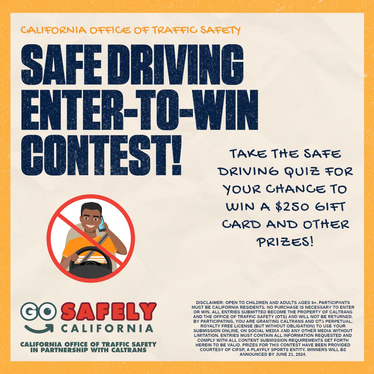 Think you’re a traffic safety pro? Enter the the California Office of Traffic Safety and Caltrans Safe Driving Contest for your chance to score a $250 gift card! Click the link to test your knowledge: bit.ly/CA_OTS #GoSafelyCA @CaltransHQ