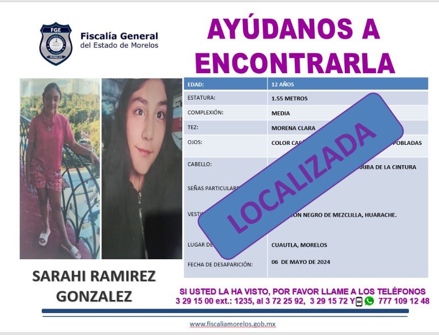 Gracias por su colaboración para localizar a SARAHI RAMIREZ GONZALEZ de 12 años de edad. Ya fue localizada. #Cuautla #Morelos