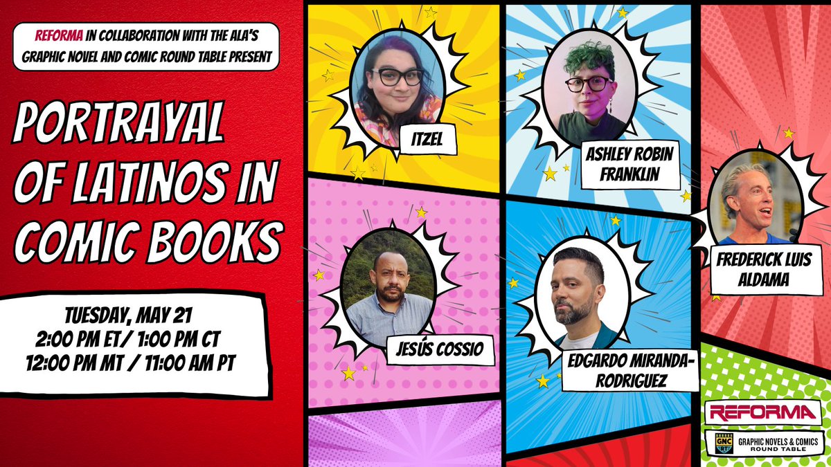 Join us for a FREE webinar exploring topics highlighting the portrayal of Latinos in comic books. This event is presented in partnership with <a href="/libcomix/">ALA Graphic Novels & Comics RT 🔜 #NYCC</a> and will be moderated by Dan Johnson, Youth Librarian at the Salem Public Library.

Register today: tinyurl.com/Latinosincomics