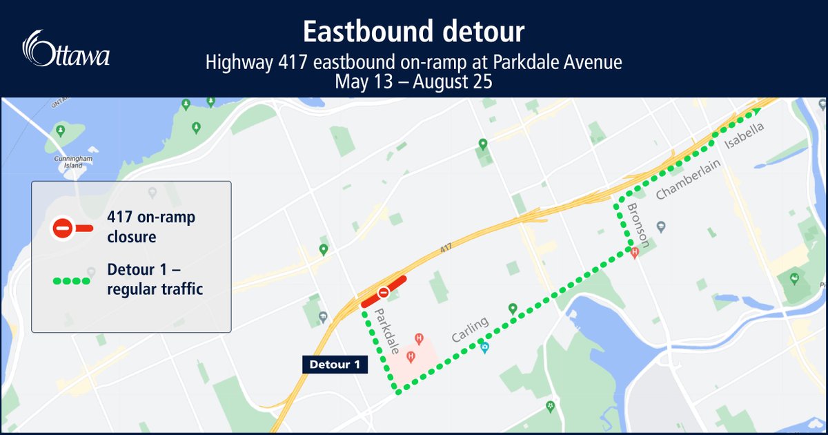 Attention motorists! There are upcoming closures of the Highway 417 eastbound on- and off-ramps at Parkdale Avenue for infrastructure improvements. For more info and for detour maps: bit.ly/4dOiqOz