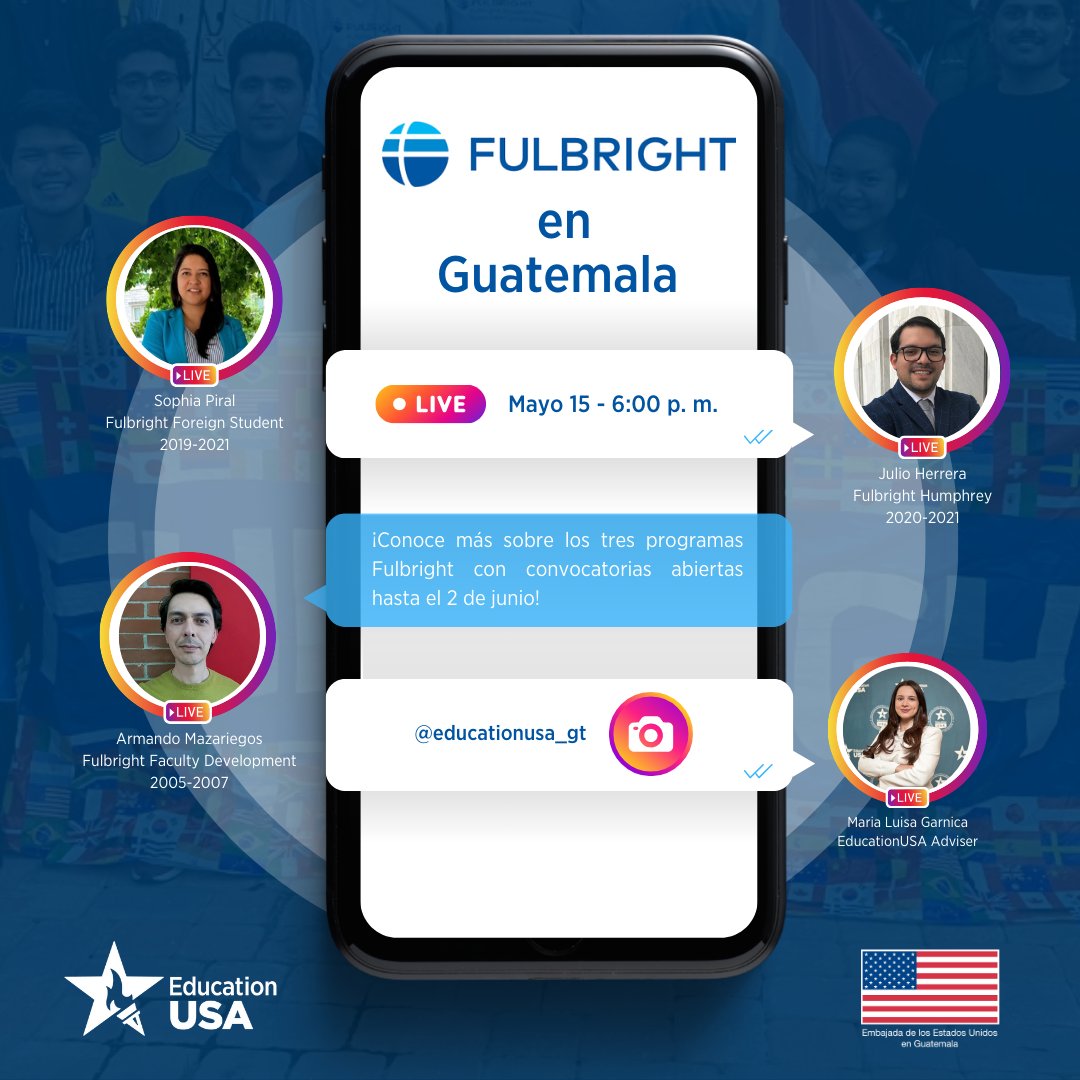 Explora los diferentes programas @FulbrightPrgrm abiertos para guatemaltecos en el Instagram Live de @EducationUSA_gt y descubre qué programa es ideal para ti. 🗓️ 15/mayo ⏰ 6PM #ForeignStudent #HumphreyFellowship #FacultyDevelopment #EdUSAGT