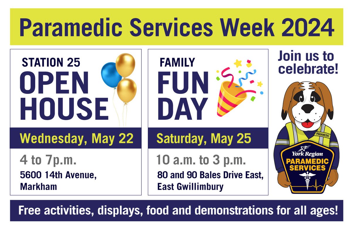 YorkParamedics's tweet photo. Join us in celebrating #ParamedicServicesWeek with these free family friendly events!🎉🚑

Enjoy ambulance tours, CPR demonstrations, interactive activities and meet a @SJA_York Therapy Dog! 

For more information visit, https://t.co/RulzFfCRZe  #PSW2024 https://t.co/bZx9Ud33m0