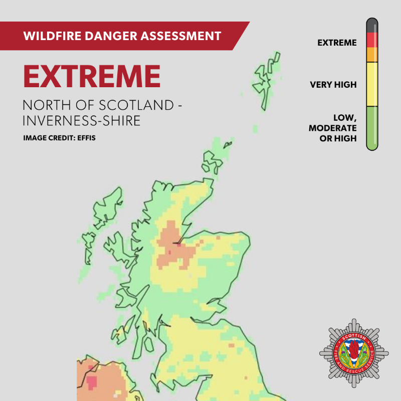 fire_scot's tweet photo. ⚠️An EXTREME wildfire warning is place across Inverness-shire and parts of northern Scotland today ⚠️

Much of the rest of Scotland still remains at VERY HIGH risk.

With high pressure conditions and tinder dry vegetation, please avoid using naked flames.

#WildfirePrevention