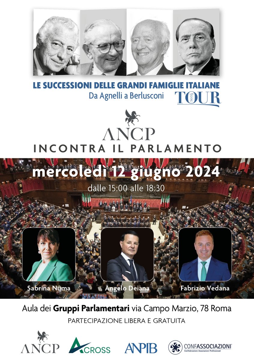 SAVE THE DATE!! Il #12giugno come Presidente di ANCP sarò alla grande #iniziativa 'LE SUCCESSIONI DELLE GRANDI FAMIGLIE ITALIANE' alla Camera dei Deputati. Per partecipare: eventbrite.it/e/le-successio…

#ANCP #noisiamoancp #Confassociazioni #laretedellereti #anpib #across