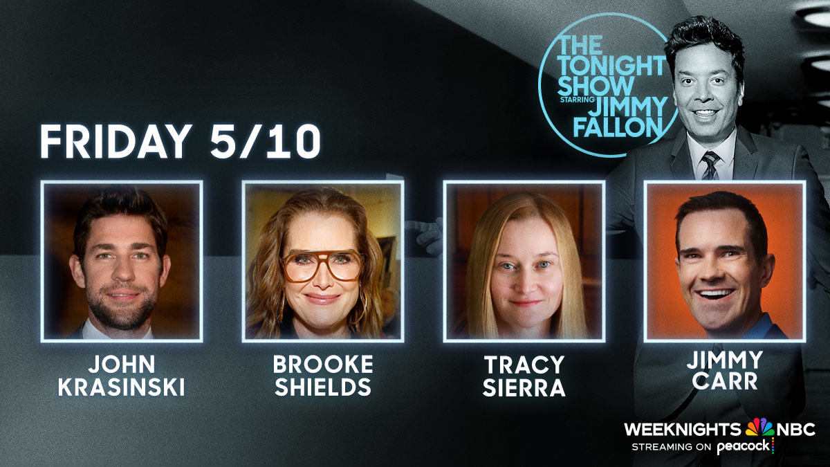 Head into the weekend with tonight’s star-studded line-up! ✍️ Thank You Notes 🎬 @johnkrasinki 🍿 @BrookeShields 📚 @tsierraauthor 😂 Stand-up from @jimmycarr #FallonTonight