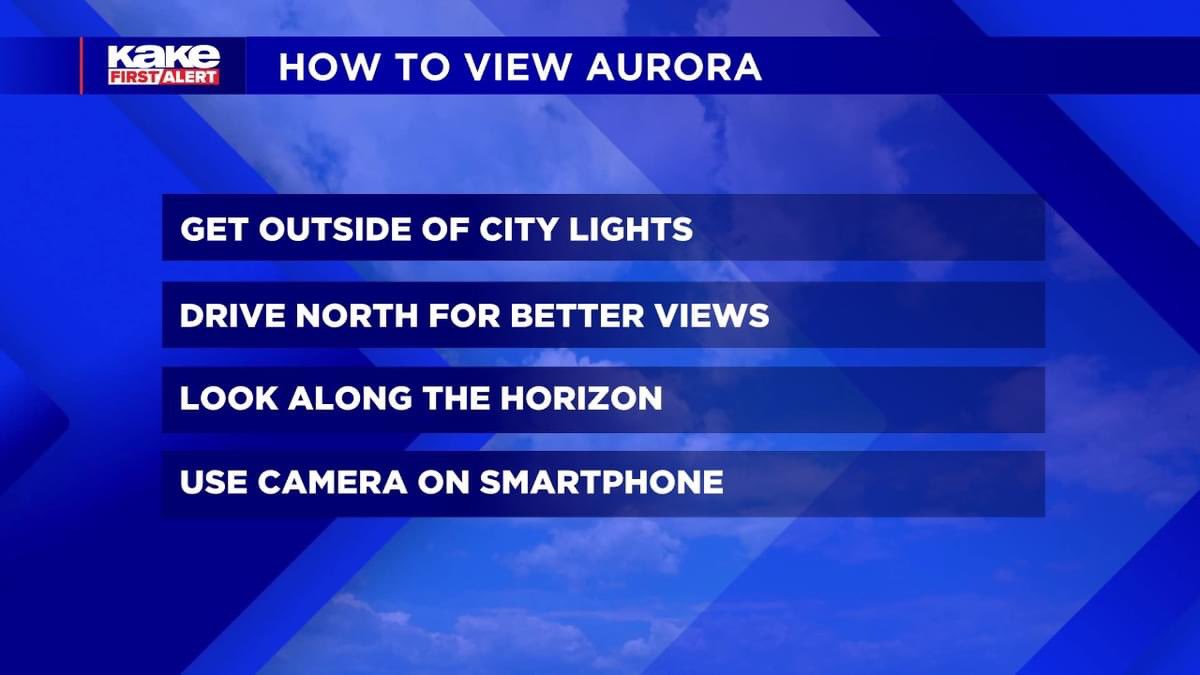 Aurora Viewing in KAKEland Forecasted G4/KP8 Timing: 10pm-2am Multiple Impulses, Aurora Expected to Fluctuate CME Timing will Determine Auroral Extent More likely to be Auroral Glow Use Long Exposure to View Aurora Borealis Difficult to see with Naked Eye @KAKEnews