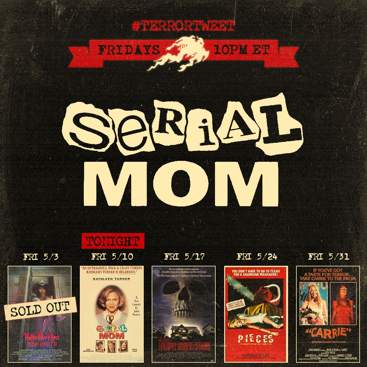 🎉 Tonight's #terrortweet is John Waters' SERIAL MOM. Find your copy and watch it with us! Hit play at 10pm EDT TONIGHT (Friday 5/10) & join the conversation on DISCORD 👉 discord.com/invite/dV2MTwy…