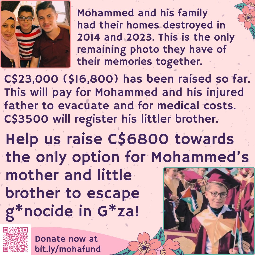 It’s #MothersDay weekend. @hamada_redwan’s mother & little brother must evacuate together ASAP! The situation is becoming increasingly dire with no aid, rising prices, constant aggression. Registration is still open, & we need to raise at least CAD$6800! gofund.me/6931b5bb