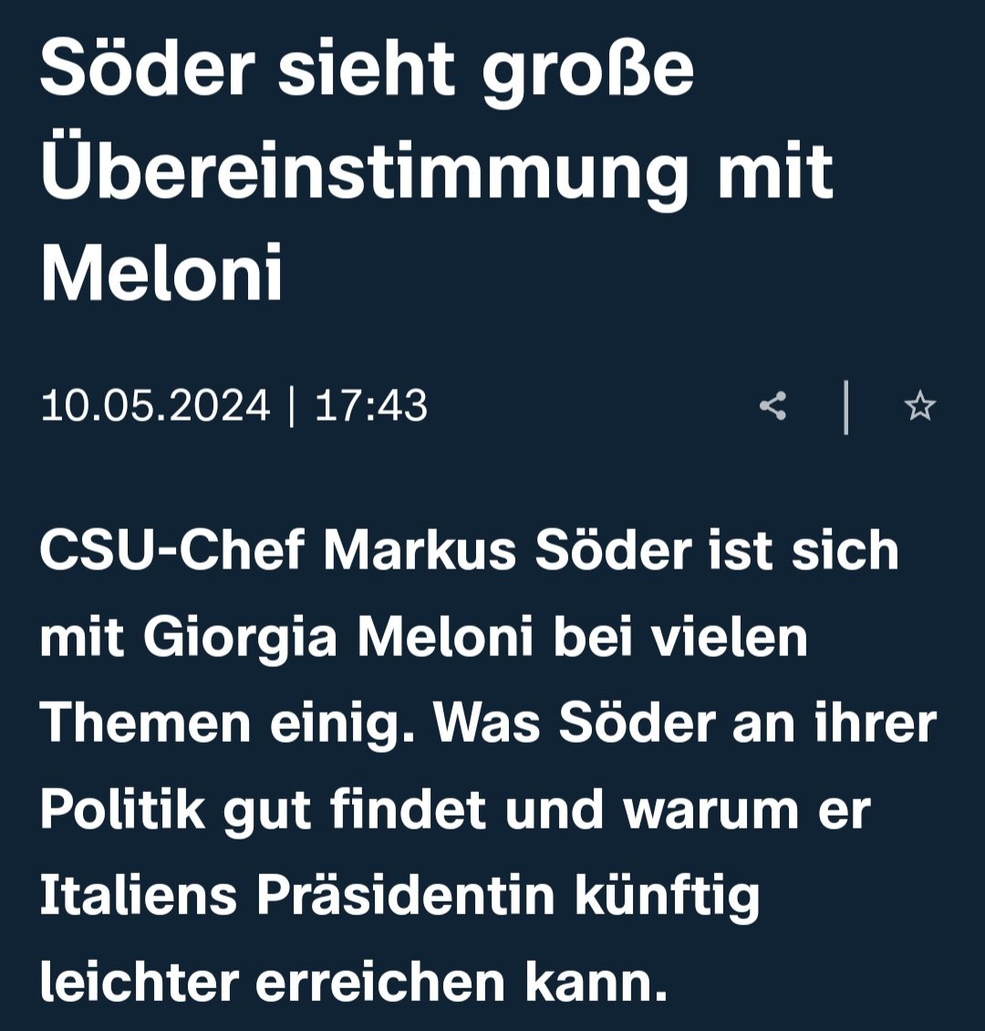 Die AfD war Meloni zu extrem. Söder gefällt ihr wohl besser. Sehr bedenklich. 
zdf.de/nachrichten/po…