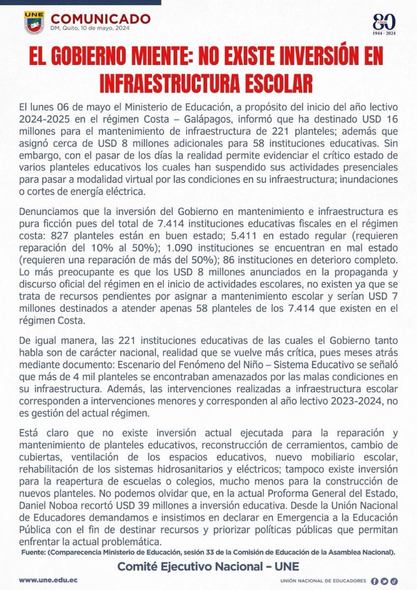 #ATENCION 🚨 La @UNENACIONAL se pronuncia sobre el “crítico estado de varios planteles educativos los cuales han suspendido sus actividades presenciales para pasar a modalidad virtual por las condiciones en su infraestructura'. Esto, en el régimen Costa - Galápagos. #Educacion