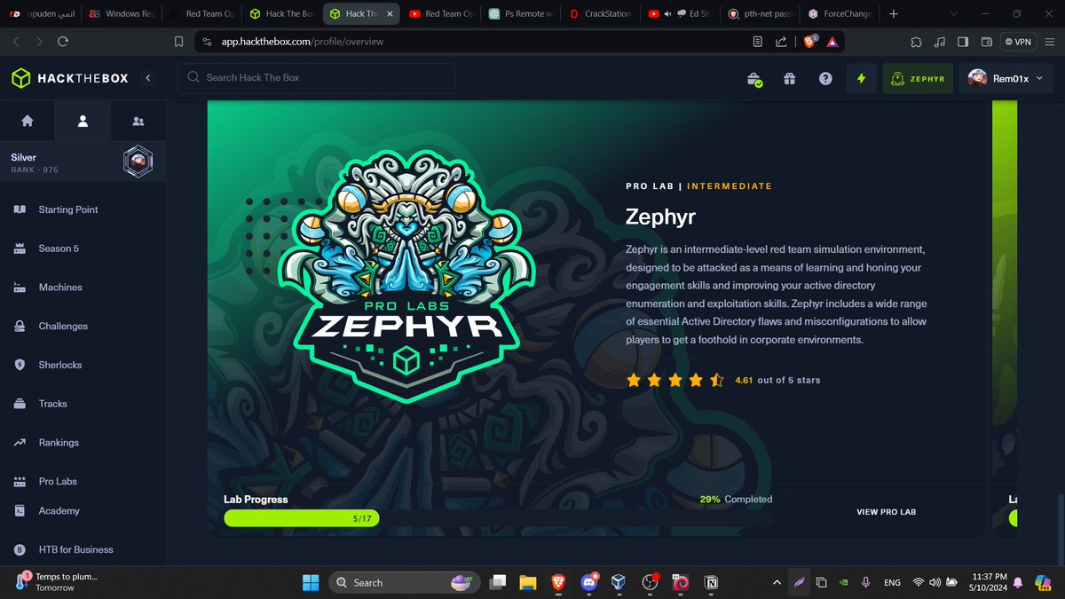Flexing My Pentesting Skills In Zephyr Labs 🧑‍💻
 Completer 29% From Zephyr #OSEP #CRTO #CRTE #HackTheBox #Zephyr